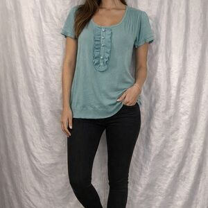 Apt. 9 Teal Ruffle Button Short Sleeve Top # 218